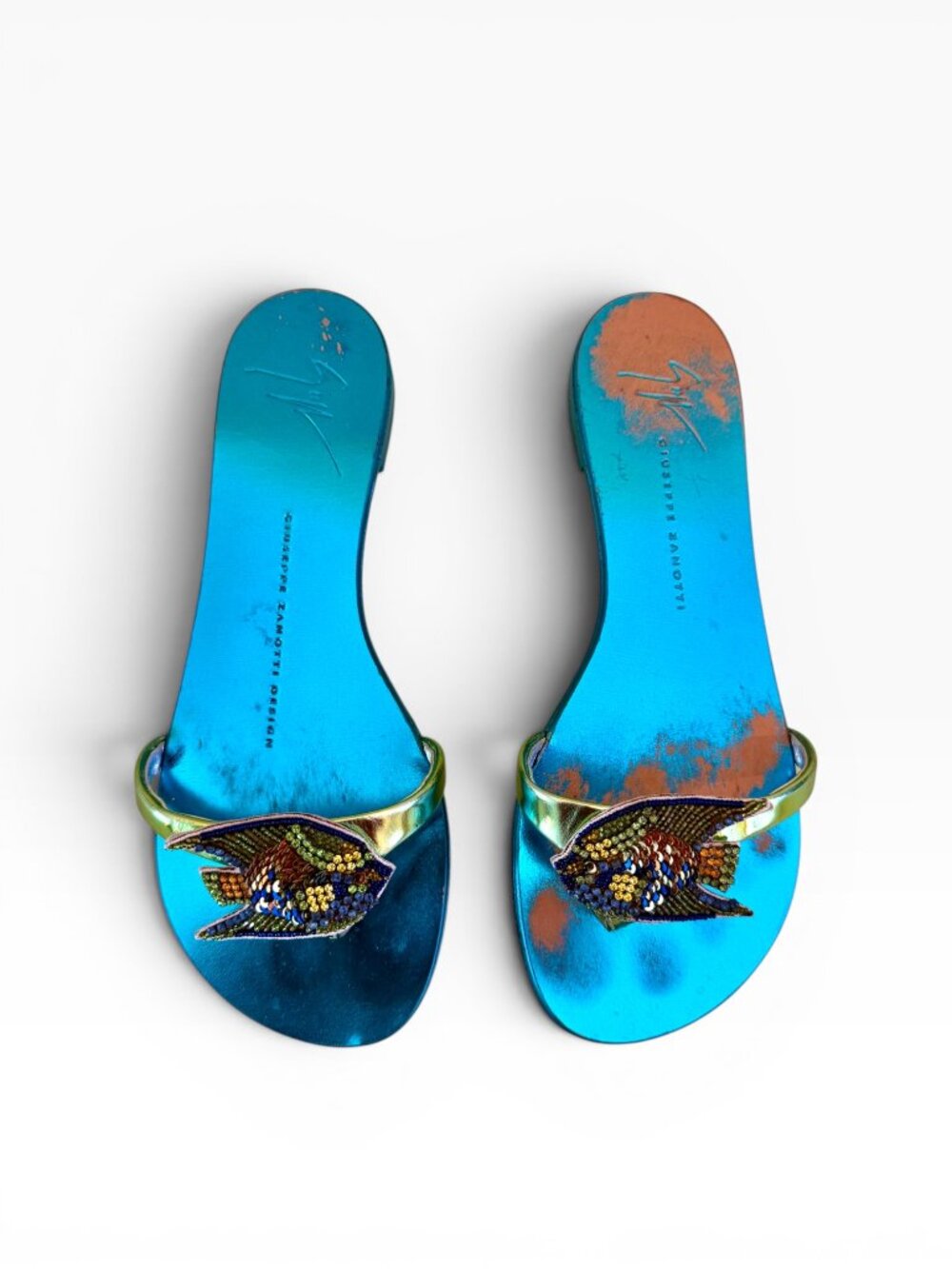 Giuseppe Zanotti Teal Fish Beaded Flat Sandal EU 35 US